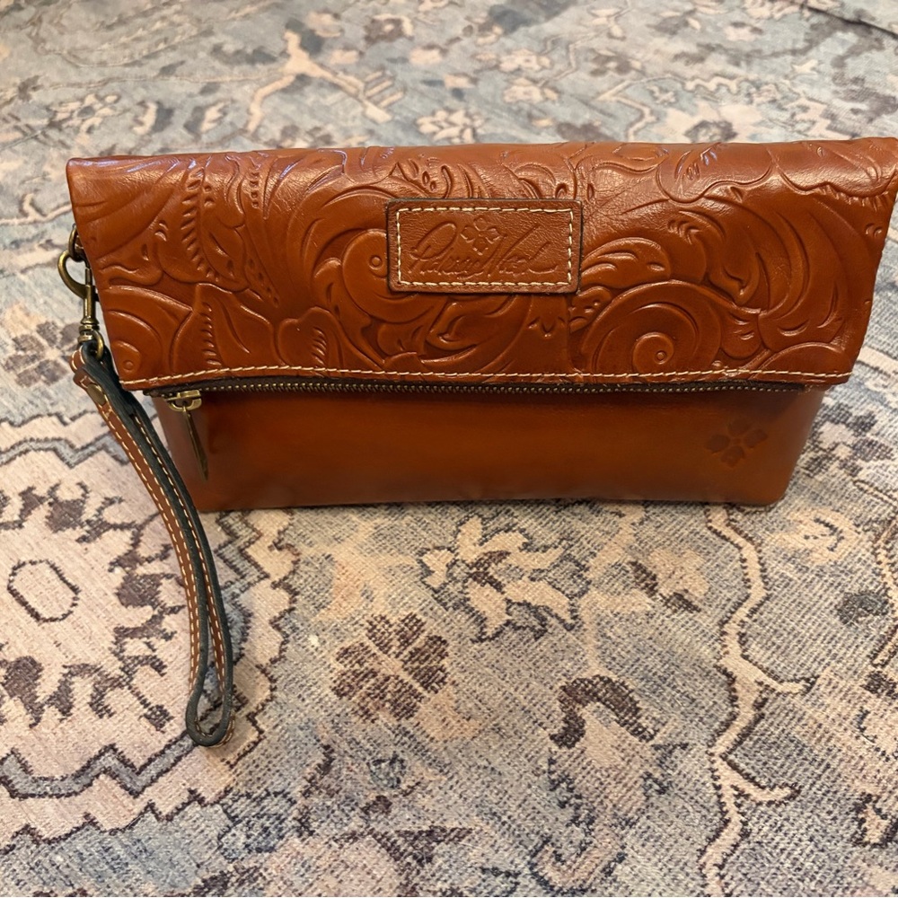 Patricia Nash Tooled Leather Fold-Over Wristlet in Cognac Brown